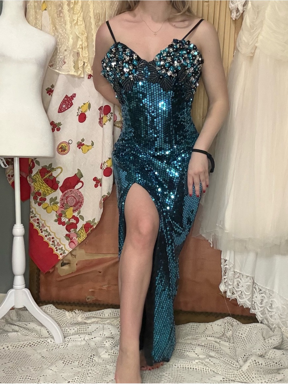 Vintage 80’s Teal Sequin Slit Evening Gown